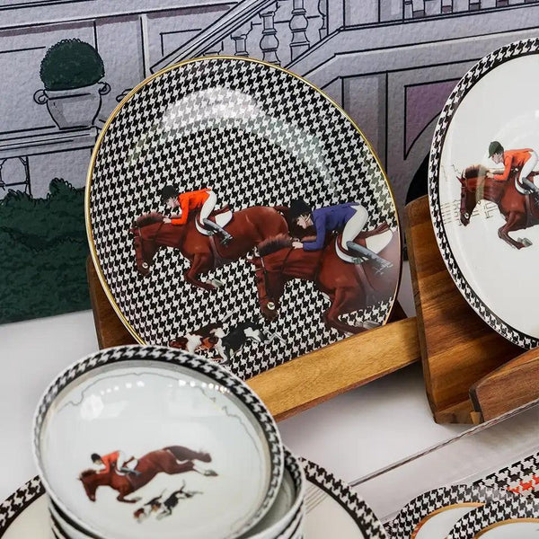 Equestrian Blue & Red Jacketed 27 Cm Porcelain Plate - Vitelli Design Studio UAE