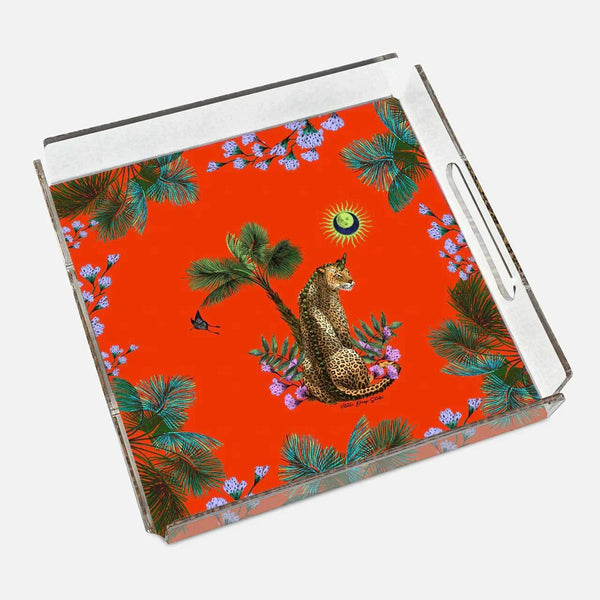 Wonderland Orange Leopard 40x40 Acrylic Tray 2 - Vitelli Design Studio UAE